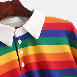 QRWR 2020 Polo Shirt Women Sweatshirt Long Sleeve Rainbow Color Ladies Hoodies With Button Striped Korean Style Sweatshirt Women