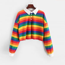 Load image into Gallery viewer, QRWR 2020 Polo Shirt Women Sweatshirt Long Sleeve Rainbow Color Ladies Hoodies With Button Striped Korean Style Sweatshirt Women