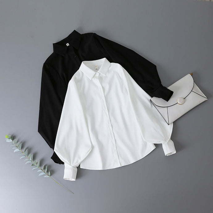 Deeptown Lantern Sleeves Vintage Shirts Women Elegant White Womens Blouse with Lush Sleeves 2021 Fashion Button Up Shirt Black